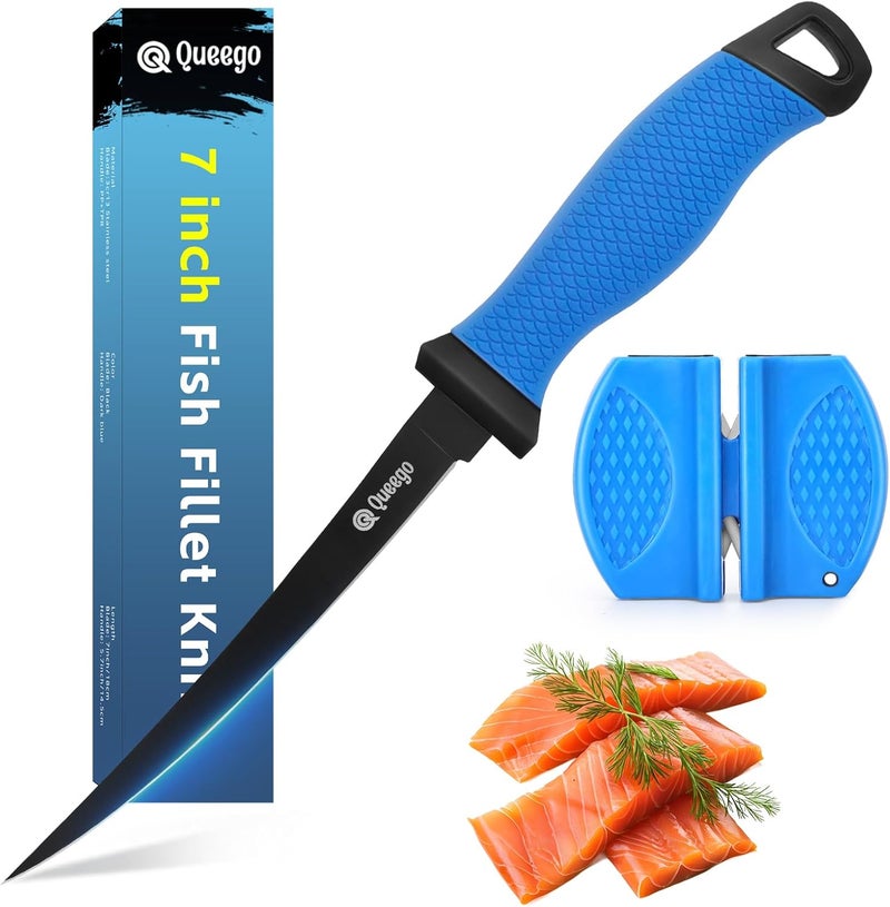 QEEGO Fish Fillet Knife 7 Inch,Razor-Sharp Flexible Blade,Ergonomic Non-Slip Handle - Perfect for Slicing Fish,Includes Safety Sheath and 1 Two Stage Knife Sharpener - Image 1